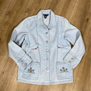 Vintage Denim&Co Light Blue Denim Chore Jacket with Floral Details size Medium